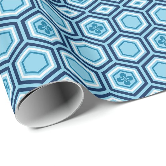 Hexagonal Kimono Print, Navy and Light Blue Cadeaupapier (Rol Hoek)