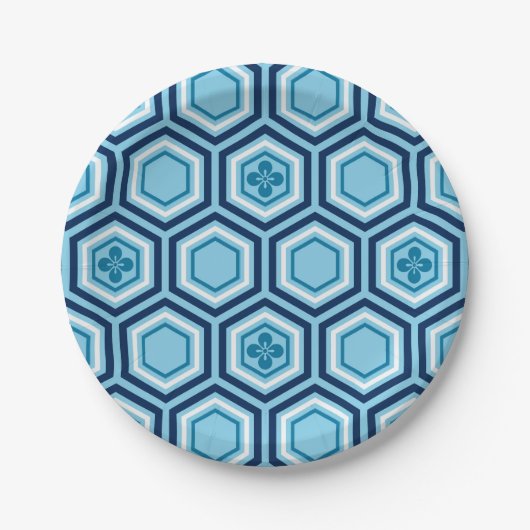 Hexagonal Kimono Print, Navy and Light Blue Papieren Bordje (Voorkant)