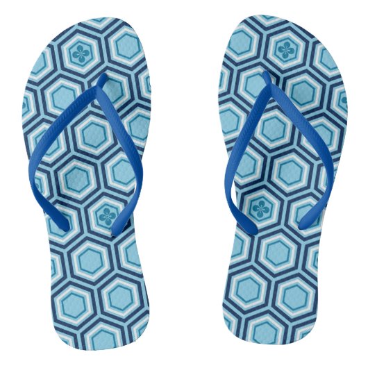 Hexagonal Kimono Print, Navy and Light Blue Teenslippers (Voetbed)