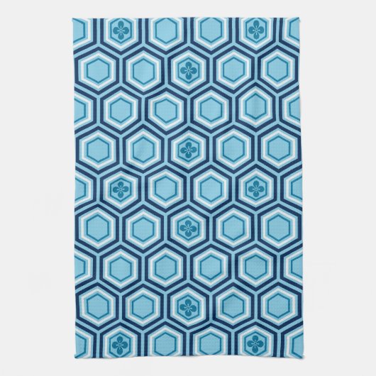 Hexagonal Kimono Print, Navy and Light Blue Theedoek (Verticaal)