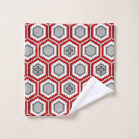 Hexagonal Kimono Print, Red en Grey/Grey Bad Handdoek (Wasdoekje)