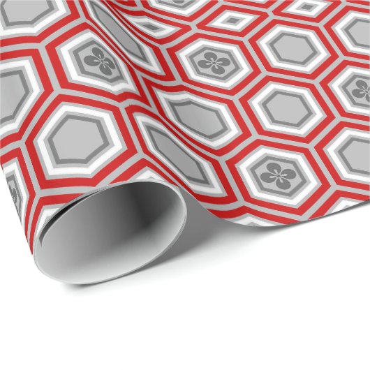 Hexagonal Kimono Print, Red en Grey/Grey Cadeaupapier (Rol Hoek)