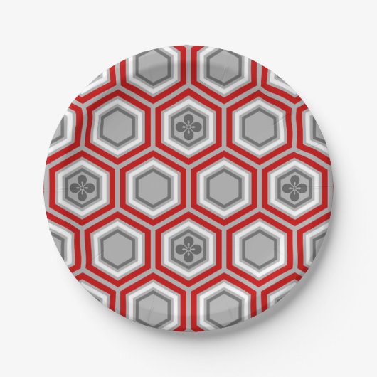 Hexagonal Kimono Print, Red en Grey/Grey Papieren Bordje (Voorkant)