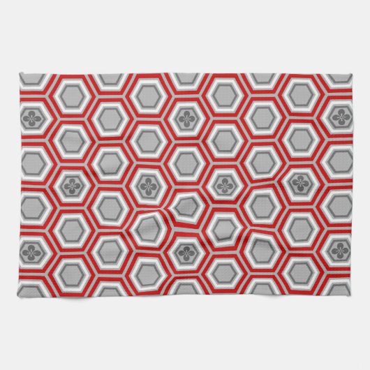 Hexagonal Kimono Print, Red en Grey/Grey Theedoek (Horizontaal)