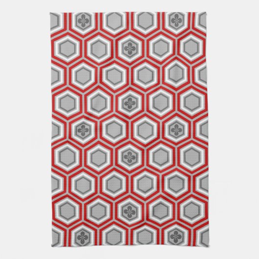 Hexagonal Kimono Print, Red en Grey/Grey Theedoek (Verticaal)