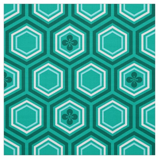 Hexagonal Kimono Print, Turquoise en White Stof (Swatch)