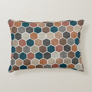 Hexagonal Textured Pattern Blue Brown Grey Accent Kussen