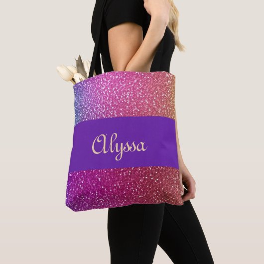 Hexagonale glitter regenbooggradiënt tote bag (Dichtbij)
