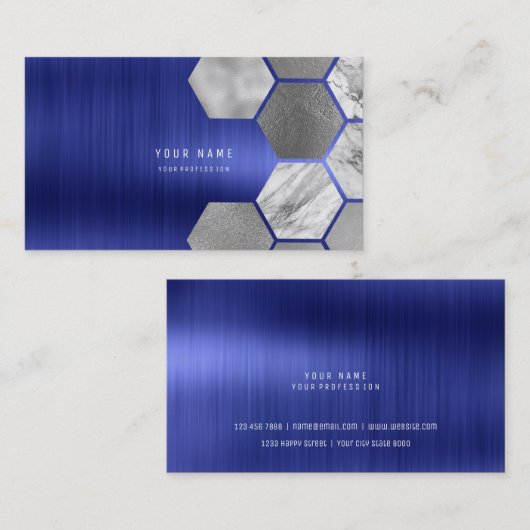 Hexagone Cobalt Sapphire Metallic Steel Marmer Visitekaartje (Voorkant / Achterkant)