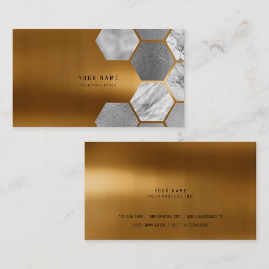 Hexagone Gold Metallic Steel Marble White Grey Visitekaartje (Voorkant / Achterkant)