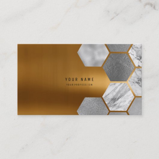Hexagone Gold Metallic Steel Marble White Grey Visitekaartje (Voorkant)
