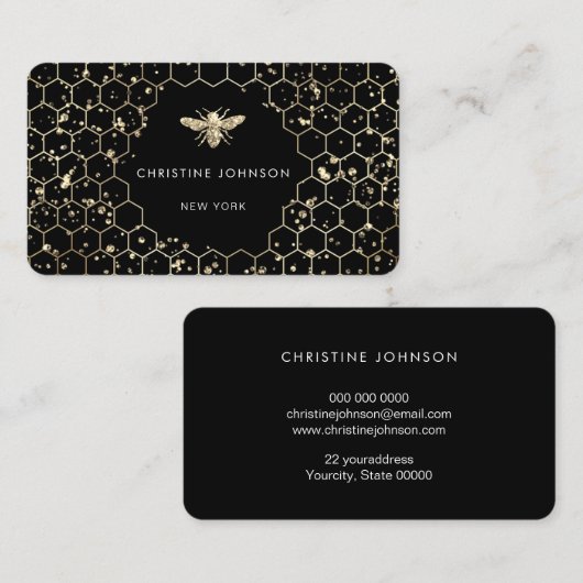 Hexagons Faux Glitter Bee op zwart Visitekaartje (Voorkant / Achterkant)