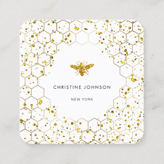 hexagons faux glitter bee vierkante visitekaartje (Voorkant)