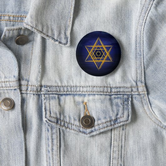 Hexagram goud & blauw sacrroir geometrisch symbool ronde button 5,7 cm (In situ)