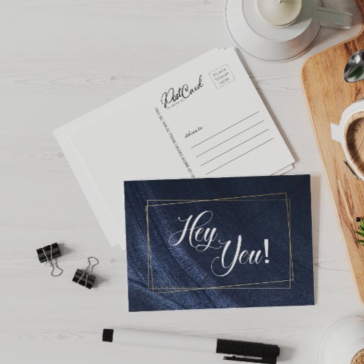 Hey! Blauwe denim Gold Fun Zeg hallo Briefkaart