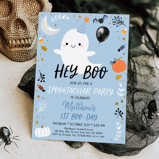 Hey Boo Blue Ghost Halloween Birthday Kaart
