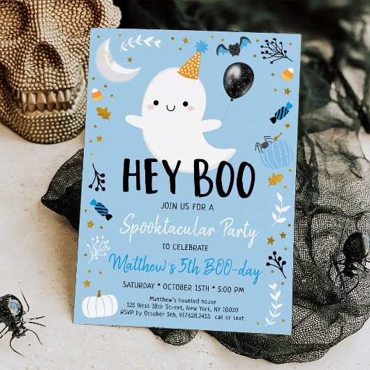 Hey Boo Blue Ghost Halloween Birthday Uitnodiging