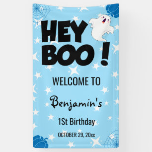 Hey Boo Blue Halloween Ghost Verjaardagsfeest Spandoek