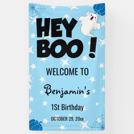 Hey Boo Blue Halloween Ghost Verjaardagsfeest Spandoek (Verticaal)