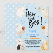 Hey Boo Blue Halloween Schattige Ghosts Boy Verjaa Kaart (Voorkant / Achterkant)