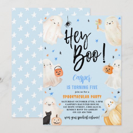 Hey Boo Blue Halloween Schattige Ghosts Boy Verjaa Kaart (Voorkant / Achterkant)