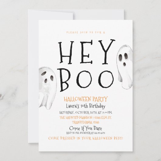 Hey Boo, Cute Ghost Halloween Uitnodiging (Voorkant)