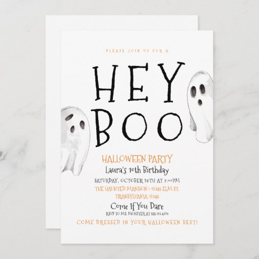 Hey Boo, Cute Ghost Halloween Uitnodiging (Voorkant / Achterkant)