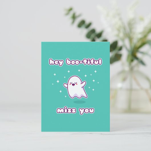 Hey Boo-eremisch Miss You Pun Card Briefkaart (Staand voorkant)