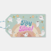 Hey boo goovy halloween retro kinderen verjaardag cadeaulabel (Achterkant Horizontaal)