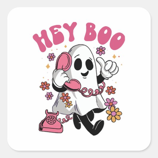Hey Boo - Groovy Ghost Halloween Vierkante Sticker (Voorkant)