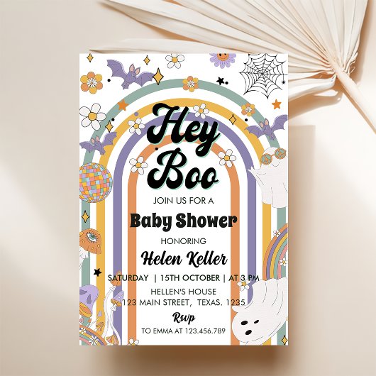 Hey Boo Groovy Rainbow Leuk Halloween Baby shower Kaart