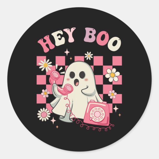 Hey Boo Groovy Schattige Ghost Funny Halloween Vro Ronde Sticker (Voorkant)