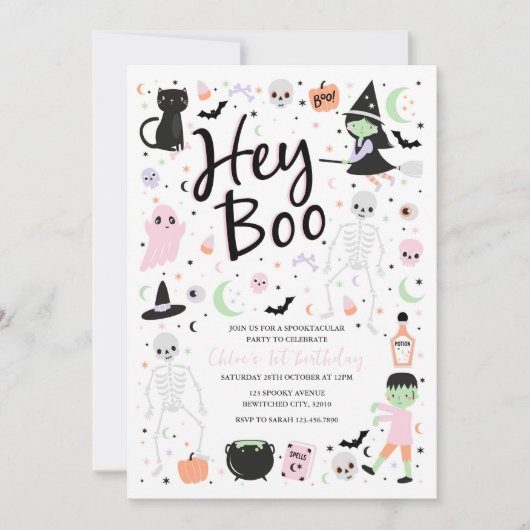 Hey Boo Halloween 1e verjaardag uitnodiging (Voorkant)