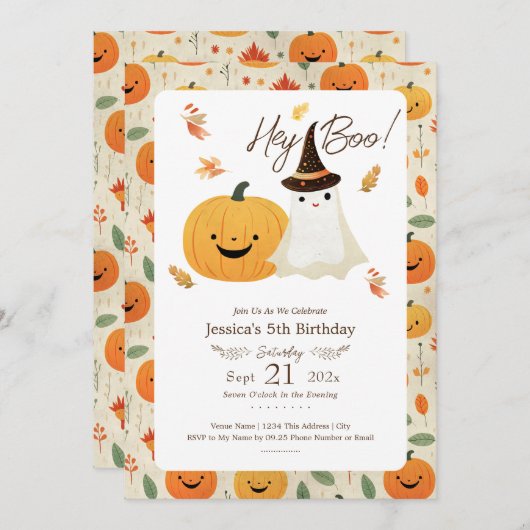 Hey Boo Halloween 5e verjaardag uitnodiging (Voorkant / Achterkant)