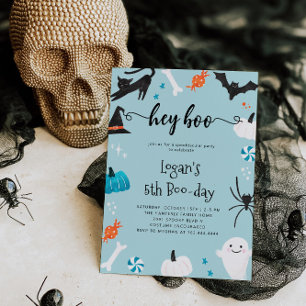 Hey Boo Halloween Birthday Blue Invitation Kaart