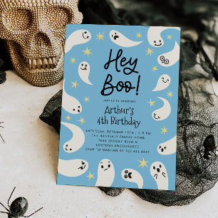 Hey Boo Halloween Blue Ghost Verjaardag Kaart