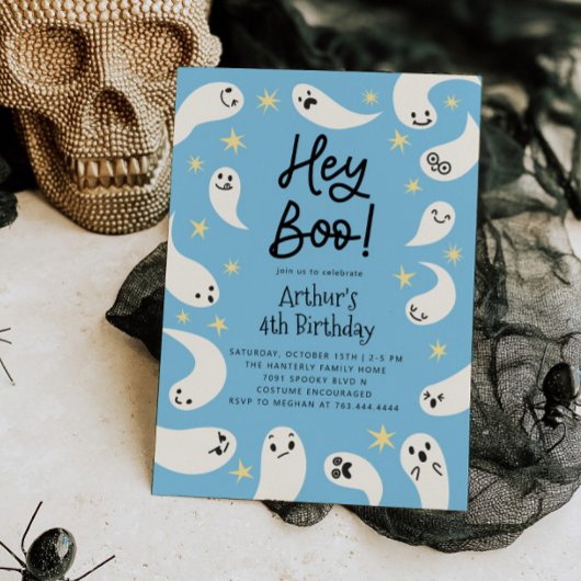 Hey Boo Halloween Blue Ghost Verjaardag Kaart