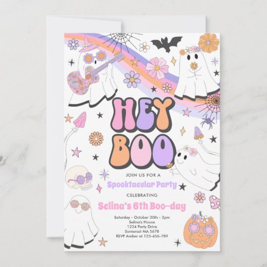 Hey Boo Halloween Groovy Cute Ghost Birthday Party Kaart (Voorkant)