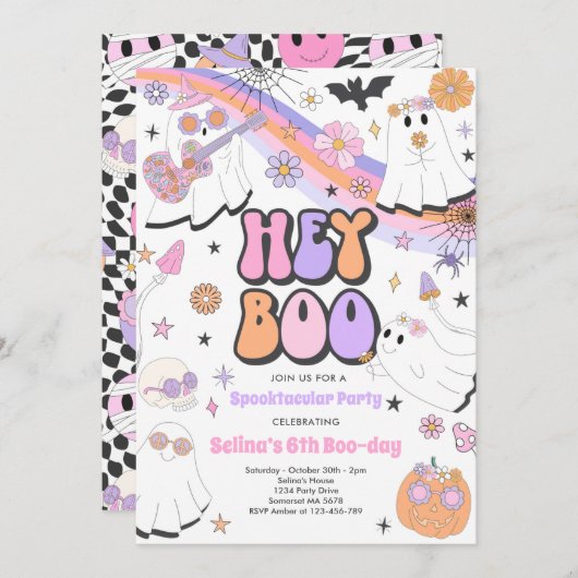 Hey Boo Halloween Groovy Cute Ghost Birthday Party Kaart (Voorkant / Achterkant)