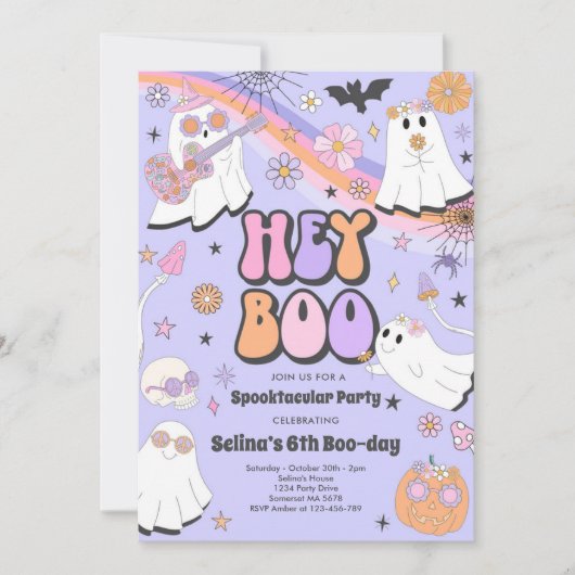 Hey Boo Halloween Groovy Cute Ghost Birthday Party Kaart (Voorkant)