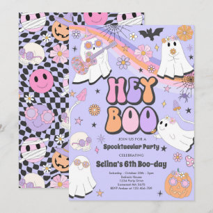 Hey Boo Halloween Groovy Cute Ghost Birthday Party Kaart