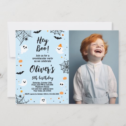 Hey Boo, invitación de Halloween azul con foto Kaart (Voorkant)