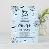 Hey Boo, invitación de Halloween azul con foto Kaart (Staand voorkant)