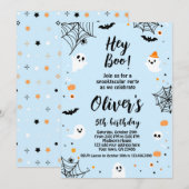 Hey Boo, invitación de Halloween azul con foto Kaart (Voorkant / Achterkant)