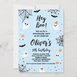 Hey Boo, invitación de Halloween azul con foto Kaart