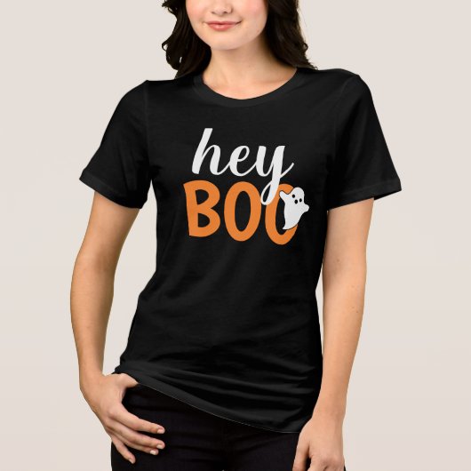 Hey Boo Oranje Black Funny Halloween Ghost Womens Tri-Blend Shirt (Voorkant)