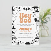Hey Boo Oranje Ghost Halloween Verjaardag Kaart (Staand voorkant)