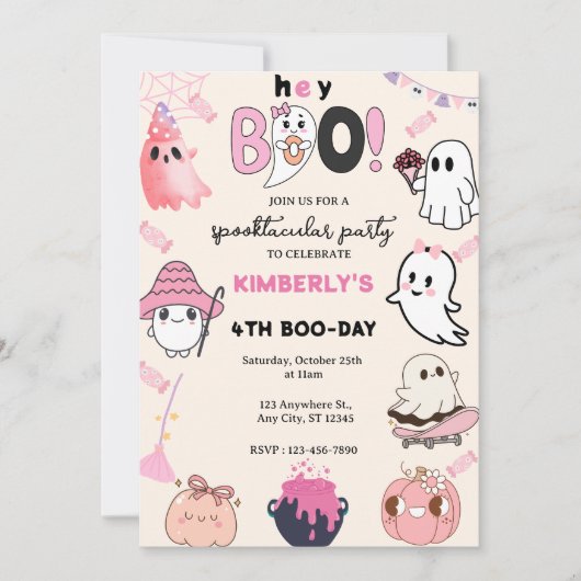 Hey Boo Pink Ghost Halloween Birthday Kaart (Voorkant)