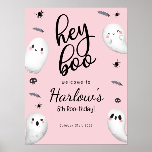Hey Boo Pink Ghost Halloween Verjaardag Welkom Poster (Voorkant)
