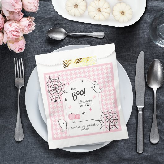 Hey Boo Pink Houndstooth Halloween Tweede Verjaard Bedankzakje